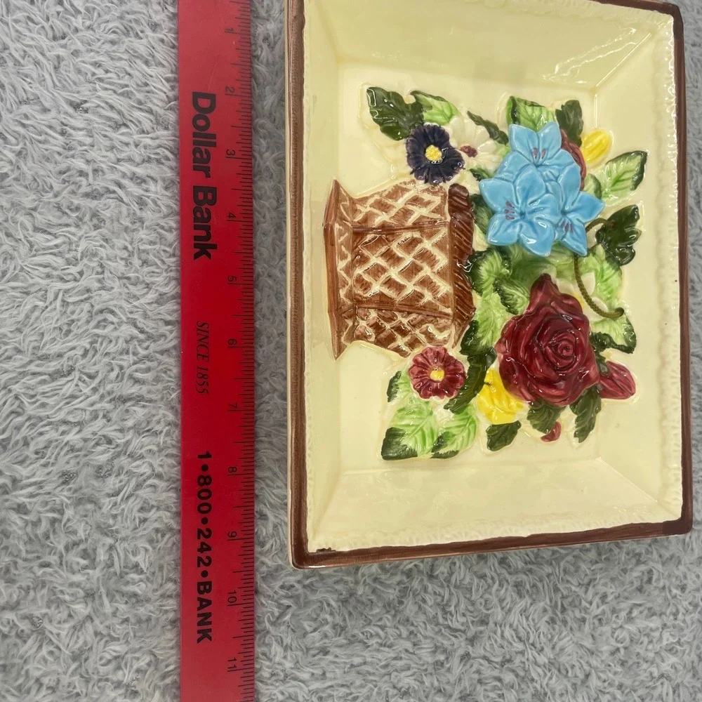 Vintage Japan Ceramic Wall Plaque Framed Basket Floral 3D Dioram Art